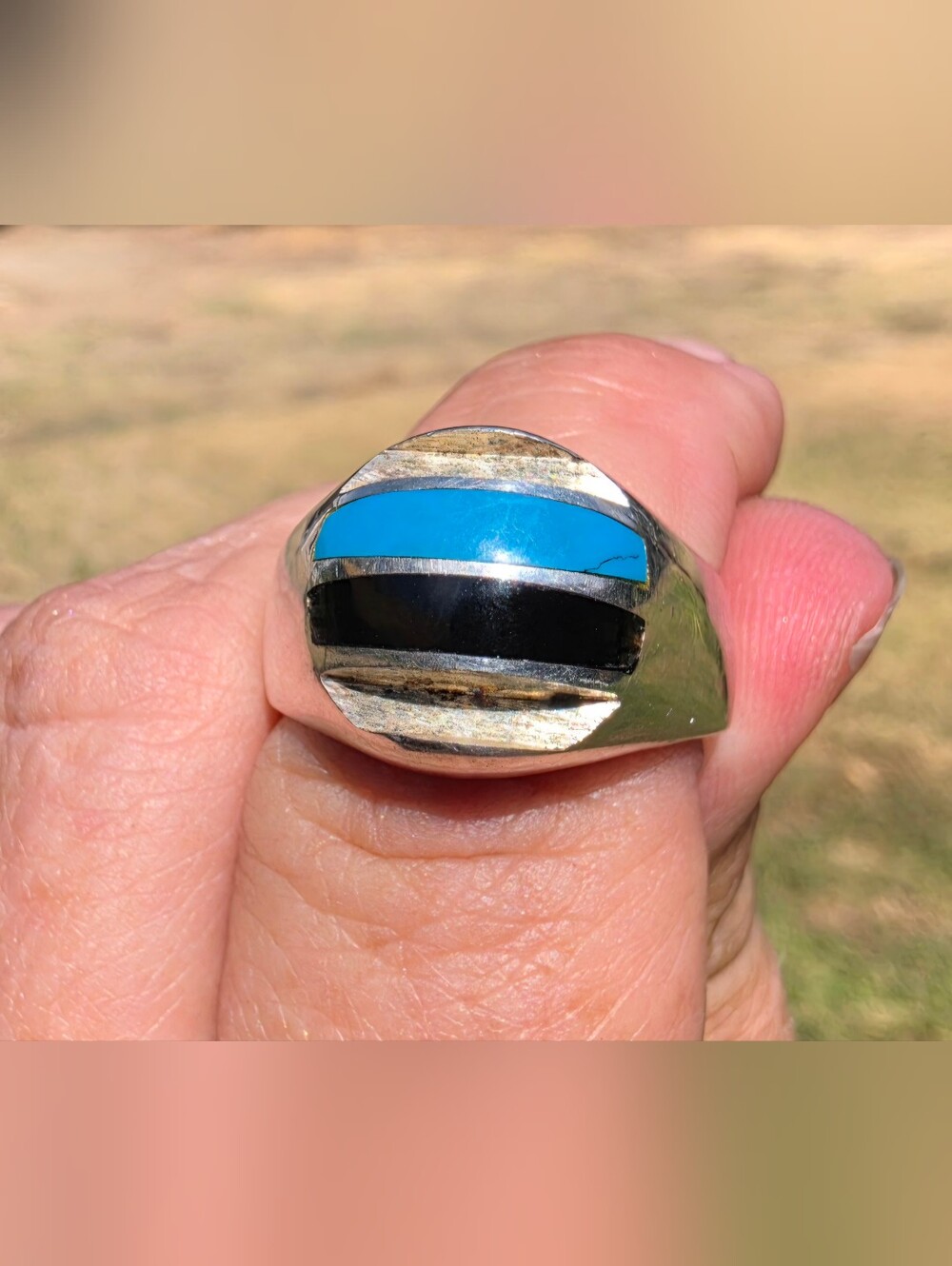 Vintage Taxco Mexico 925 Signet Turquoise & Onyx Ring